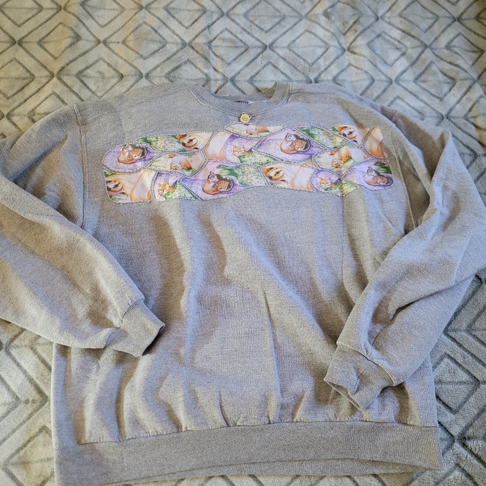 Vintage Gray Patchwork Kitten Images Crewneck Sweatshirt Size XL Grannycore Cats